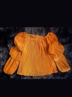 Women's Orange Pleated Puff-Sleeve Top